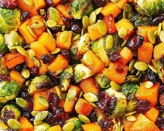 Maple Butternut Squash, Roasted Brussels Sprouts, Pumpkin Seeds, and Cranberries