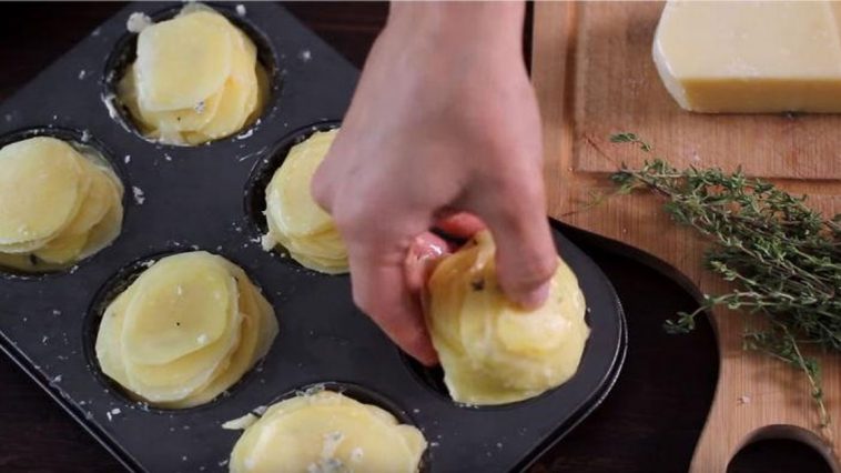 Slice potatoes and put them in a muffin pan. They’ll come out of the oven family favorite!