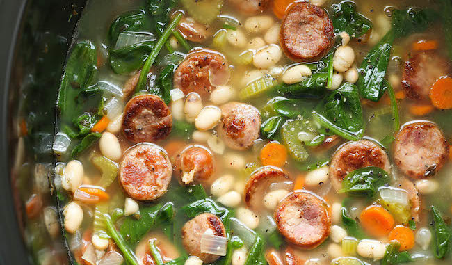 SLOW COOKER SAUSAGE, SPINACH AND WHITE BEAN SOUP